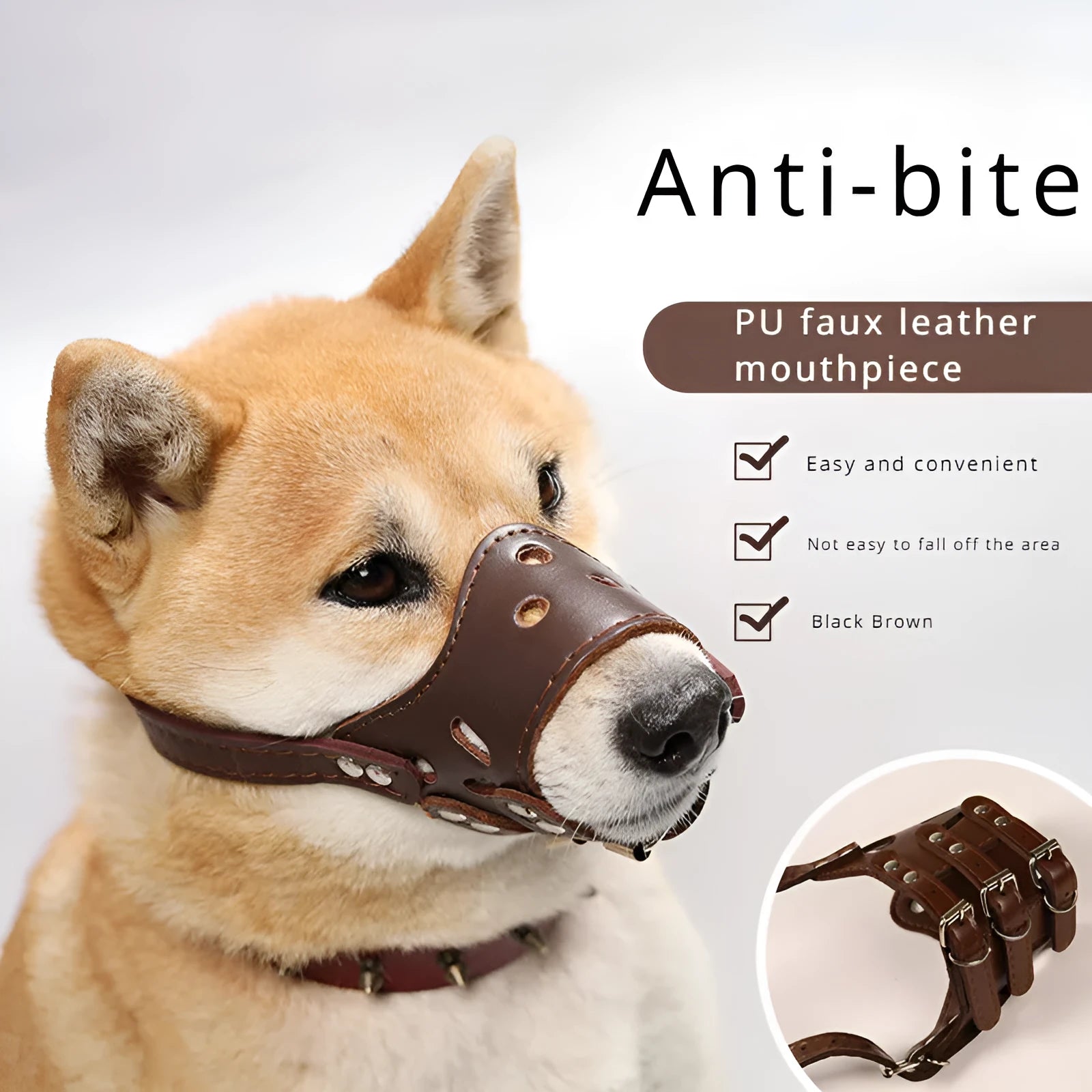 Black adjustable dog muzzle silencer for anti-barking and bite prevention training on a medium-sized dog