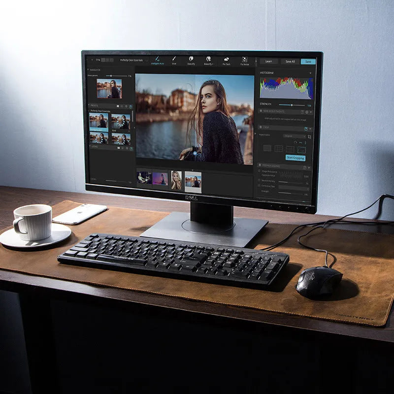 Extra large non-slip desktop computer desk leather pad in coffee colour, 90cm wide, mad horse skin material