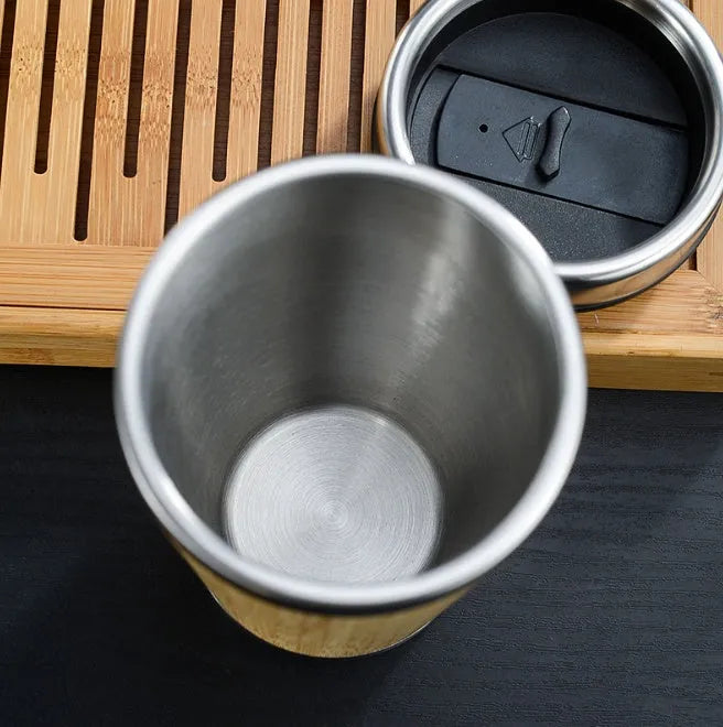420ml bamboo coffee cup with stainless steel leak-proof lid and foam anti-slip pad