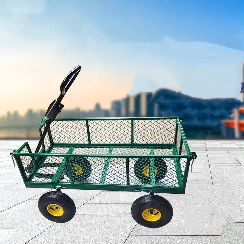Green four wheel hand push net cart with iron frame and terrain rubber wheels, 350kg capacity