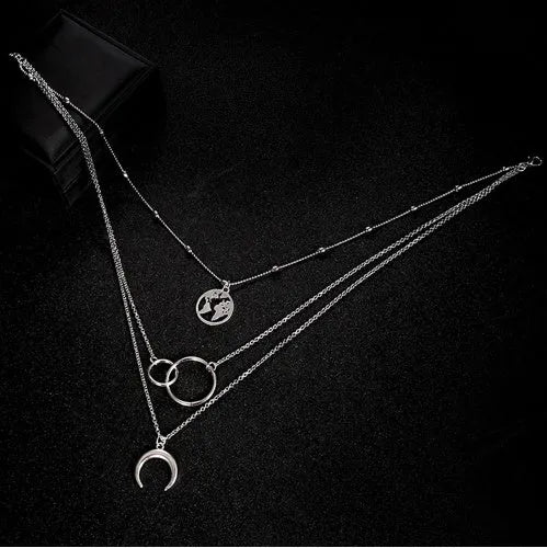 Multilayer boho moon map necklace with matching ring, alloy with electroplated gold finish