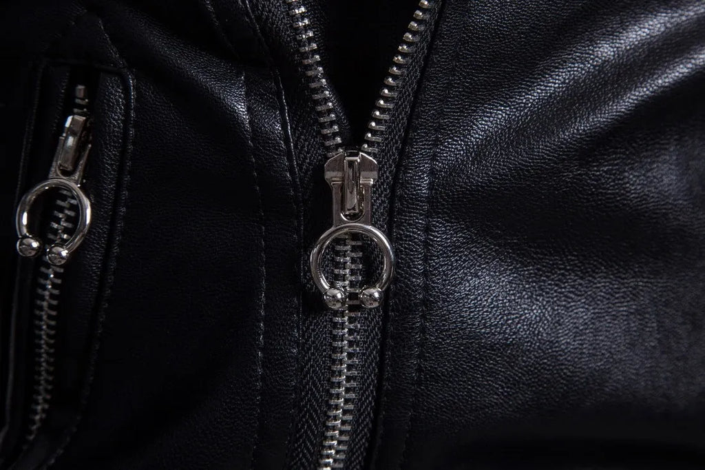 Men's black sheepskin leather jacket with suit collar and zip front, fitted style, sizes XXL to 5XL