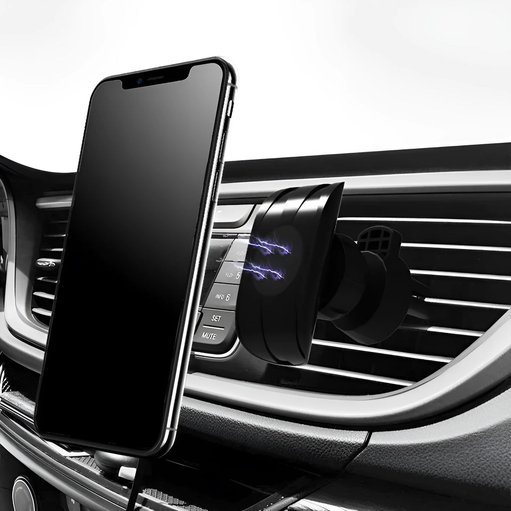 Matte black car phone holder clipped to vehicle air vent holding smartphone