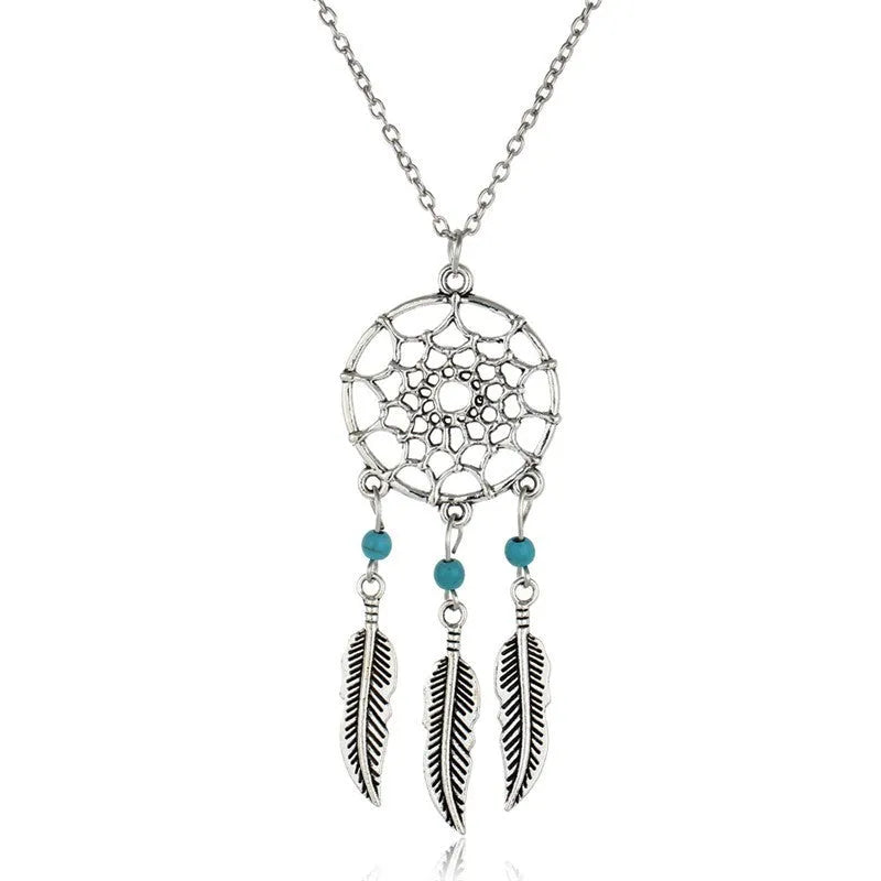 Silver-tone dream catcher feather pendant necklace with woven hoop, turquoise bead, and 46cm chain