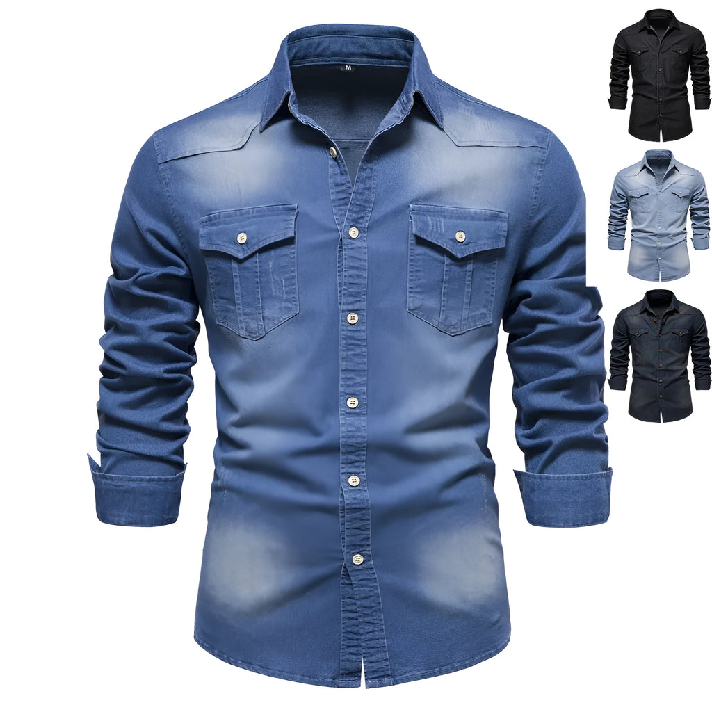Men's slim fit long-sleeved denim shirt in solid colour with button-up front.