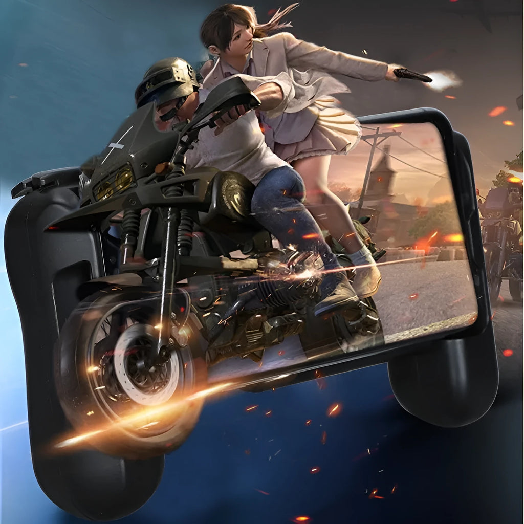 Black Bluetooth mobile game controller with cooling vents, compatible with Apple iPhone.