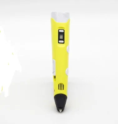 Yellow 3D printing pen with 12 colour PLA filament spools and UK power adapter on a white background