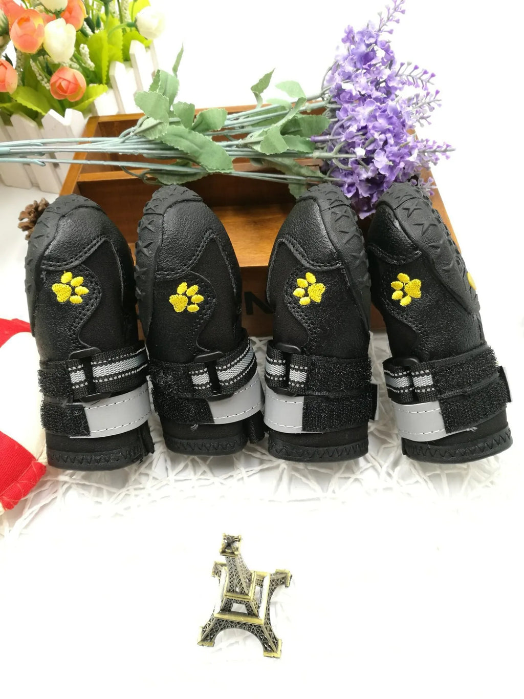 Black dog shoes with waterproof PVC sole and adjustable fuzzy strap, sizes 2-6, No1, No7, No8