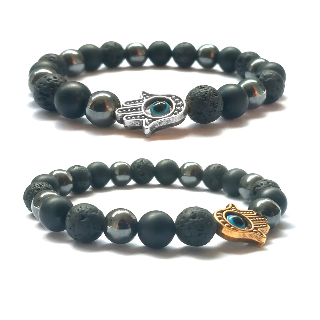 Handmade beaded bracelet with 8mm stone and alloy beads, 18cm-19cm circumference, in silver, blue, white, black, gold or sliver