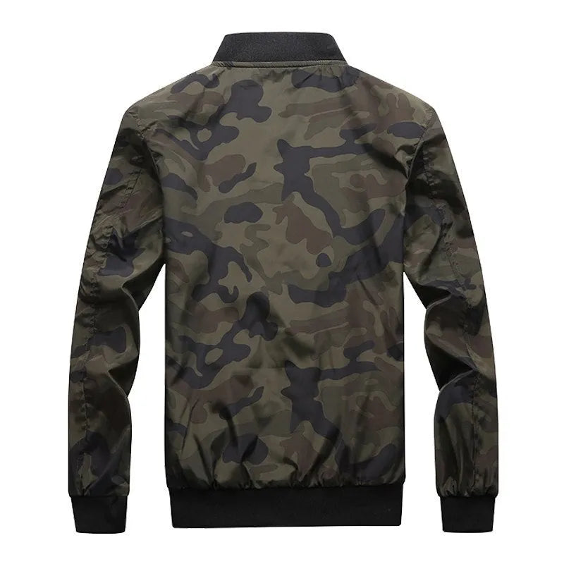Men's camouflage bomber jacket with stand collar, zip front, long sleeves, and welt pockets in army green or dark grey