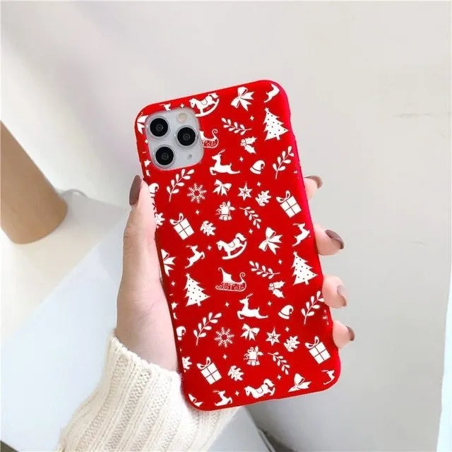 Christmas red frosted TPU phone case with cartoon animal and floral design for iPhone