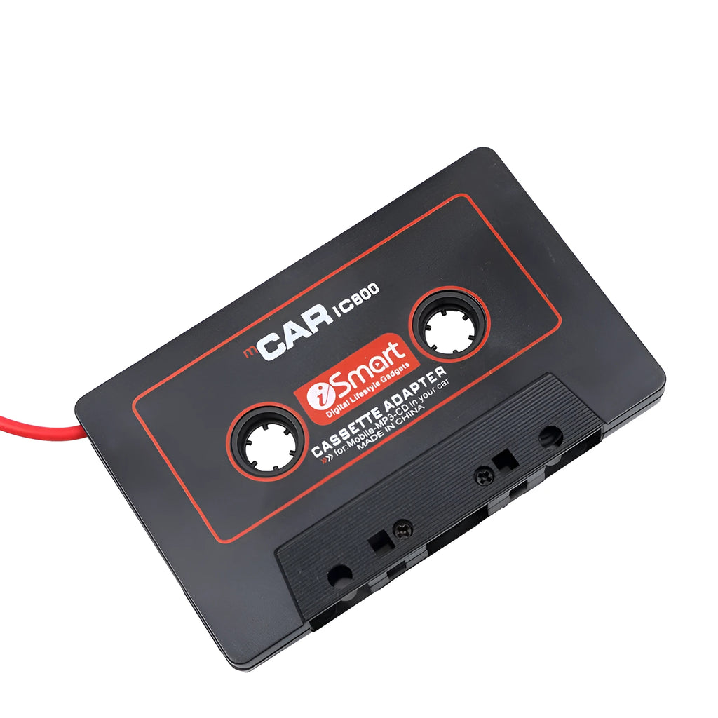 Black car cassette adapter with 3.5mm jack plug for connecting MP3 players to tape decks