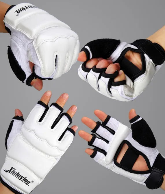White boxing gloves and taekwondo foot protection set with PU leather mesh and elastic cotton cloth, sizes S to 3XL