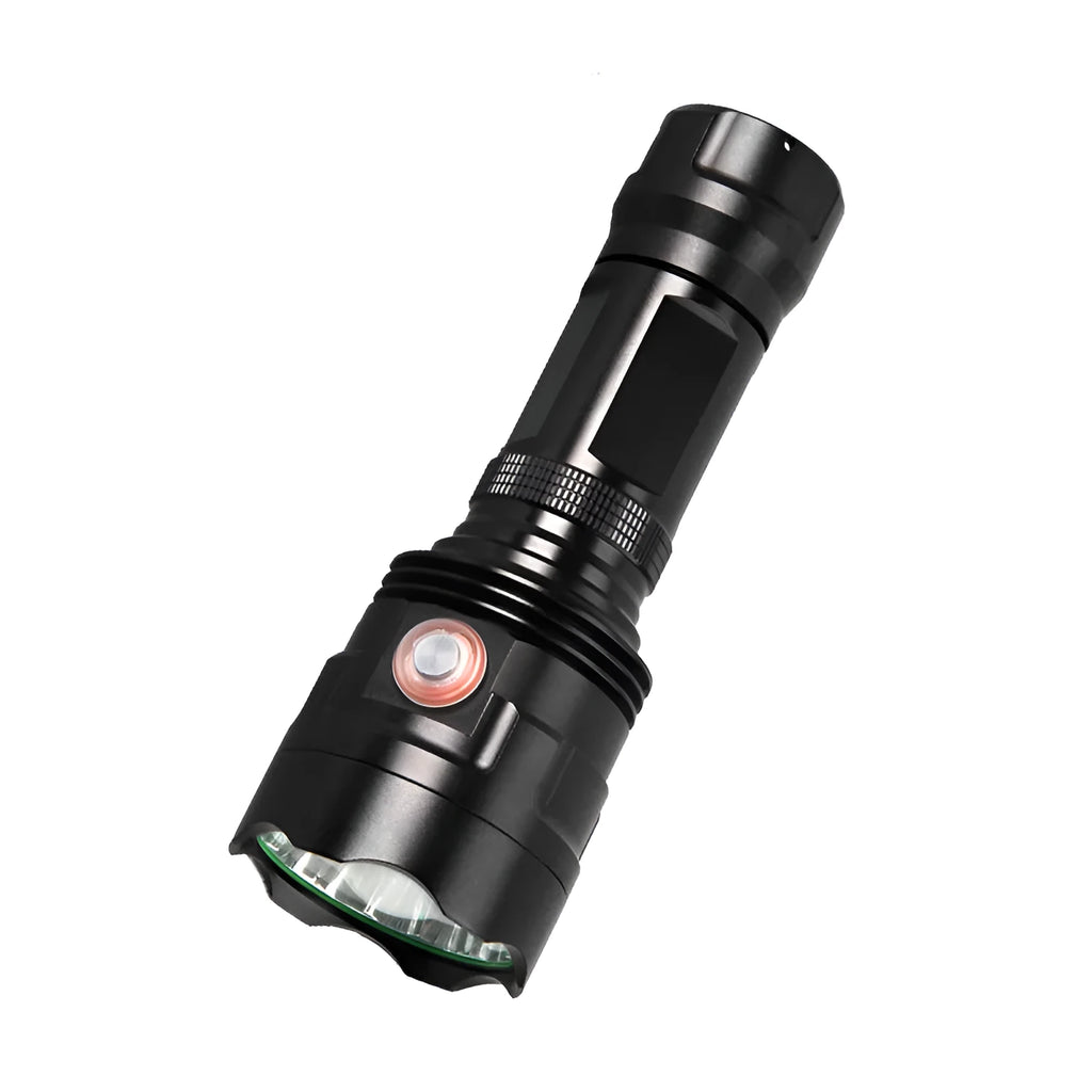Black aluminium alloy tactical flashlight with large head, shown with USB cable and yellow packaging box.