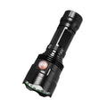 Black aluminium alloy tactical flashlight with large head, shown with USB cable and yellow packaging box.