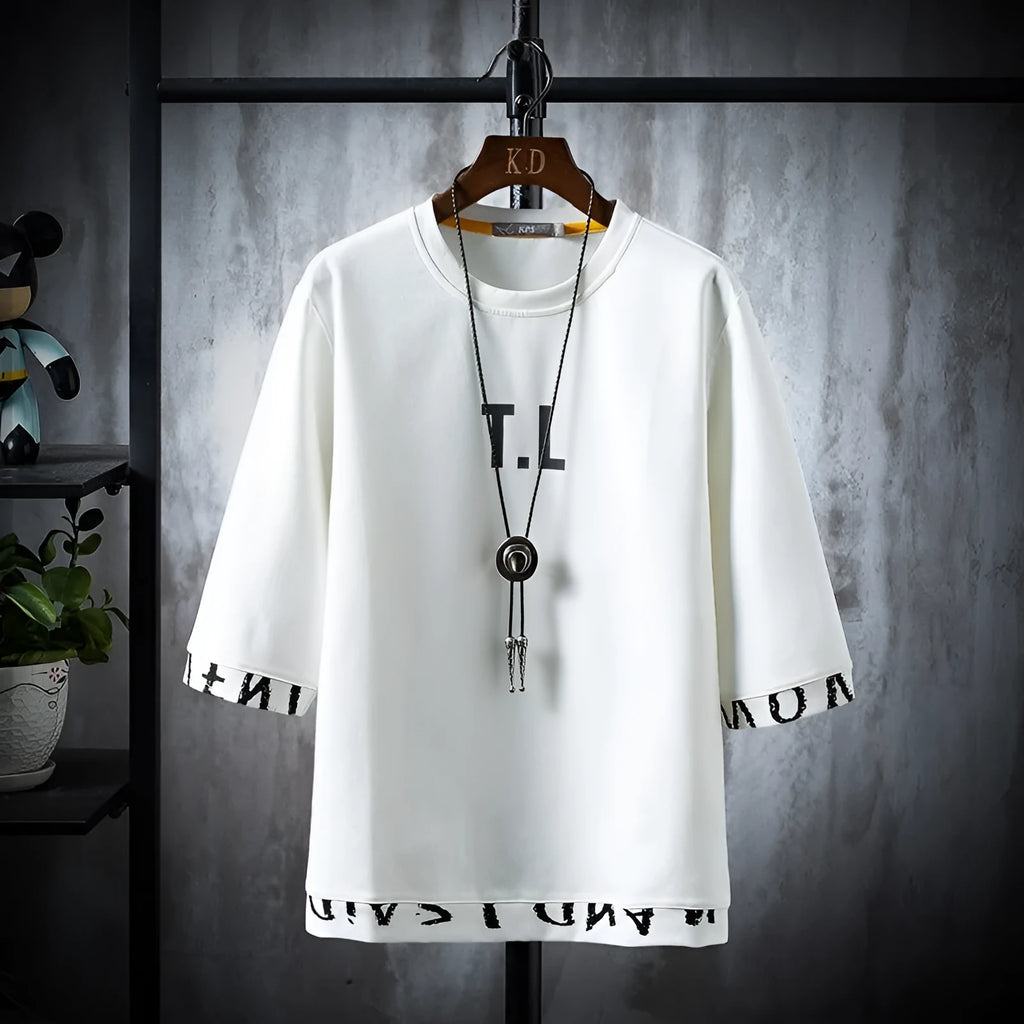 Men's round neck 100% cotton printed t-shirt in black, khaki or white with middle sleeve