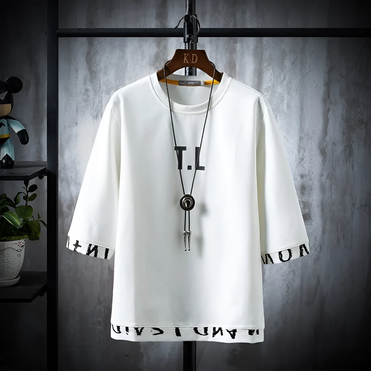 Men's round neck 100% cotton printed t-shirt in black, khaki or white with middle sleeve