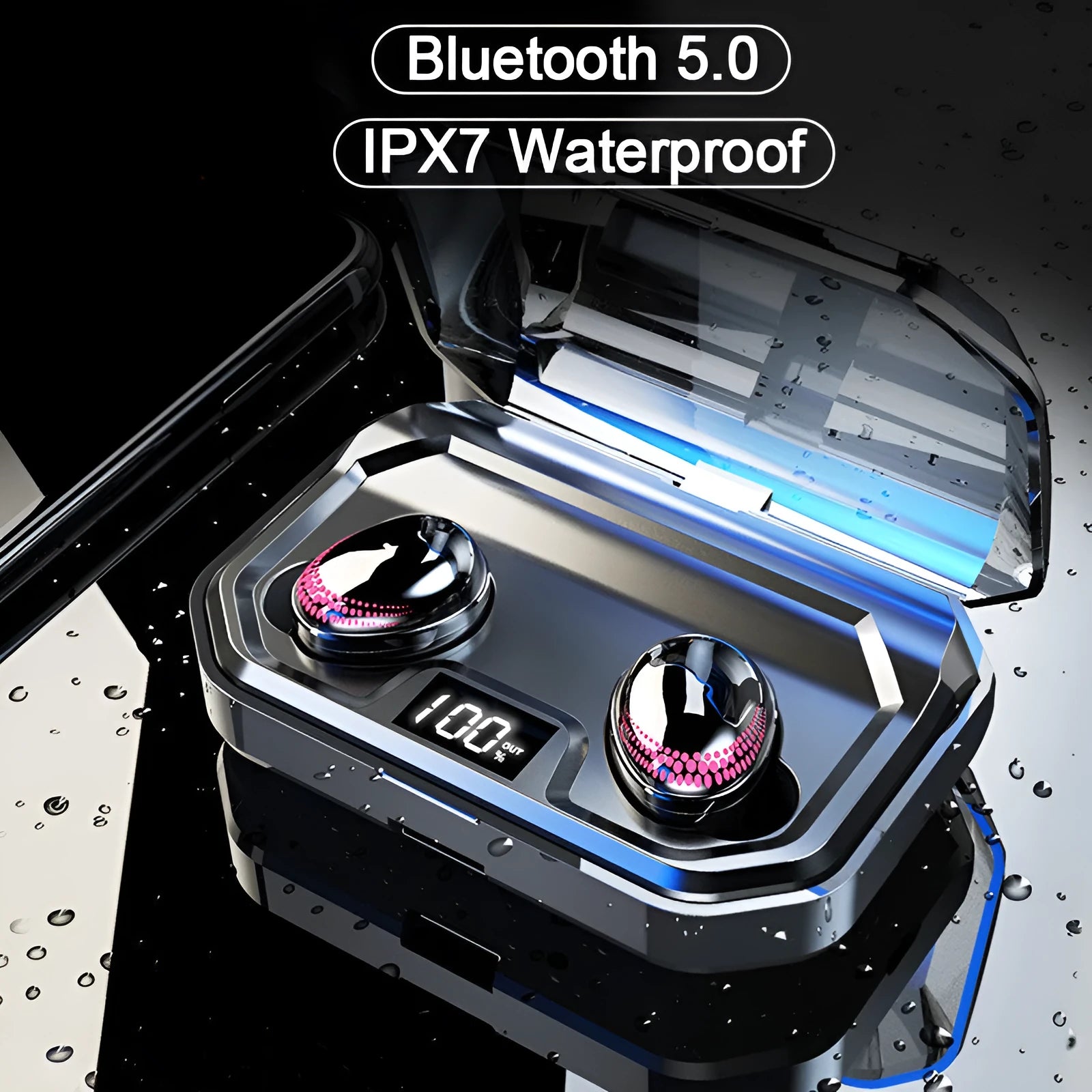 Black Bluetooth headset with charging case showing compact size.