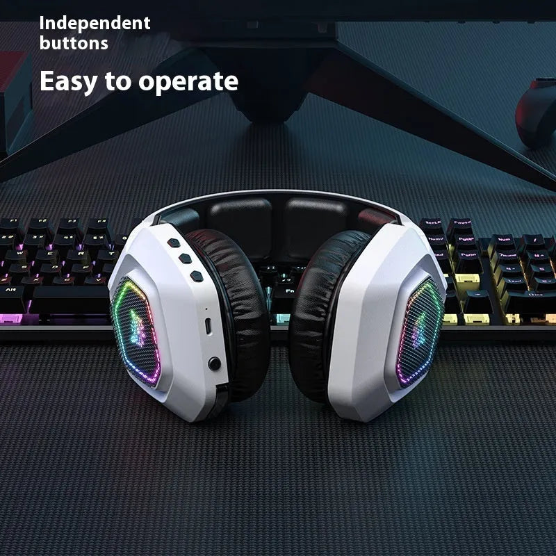 Black and white wireless gaming headset with RGB lighting on ear cups