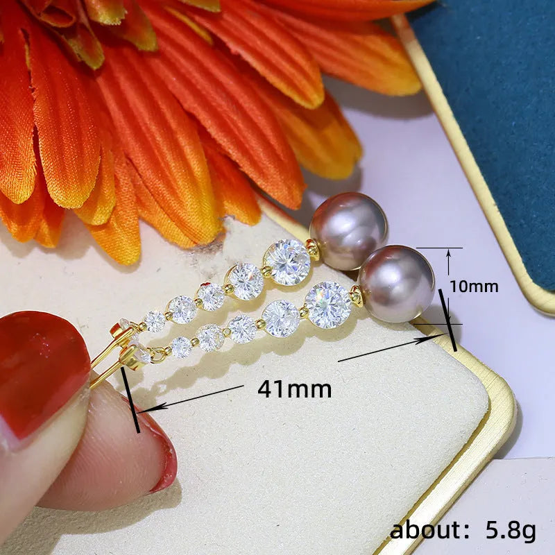 Gold copper long drop earrings with round drilled pearl geometric design for women