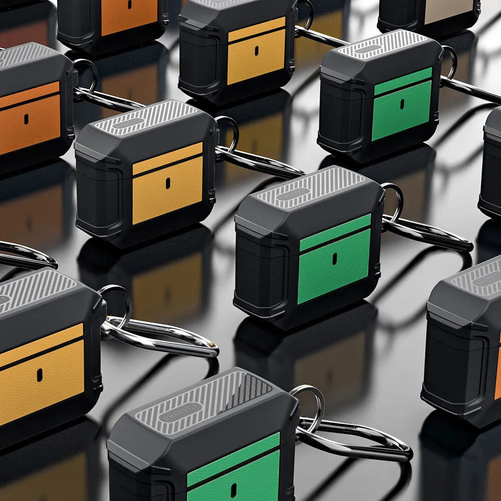 AirPods protective case in TPA leather-texture armour with buckle, shown in black and blue base colour options