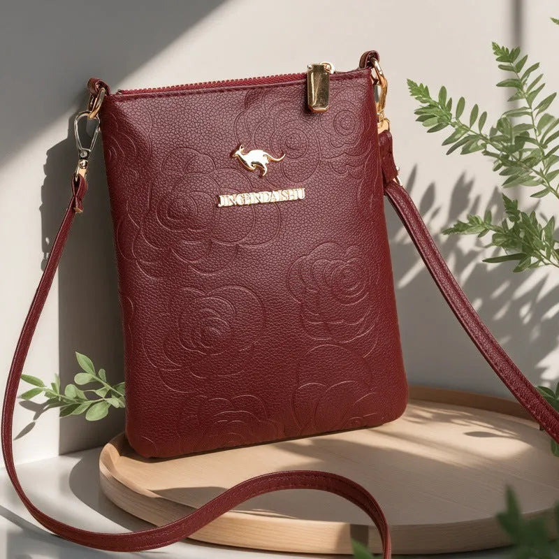 Soft black stone pattern PU women's messenger bag with a file compartment and shoulder strap.