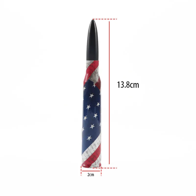 14cm long bullet car antenna in black, camouflage green, and American flag design options