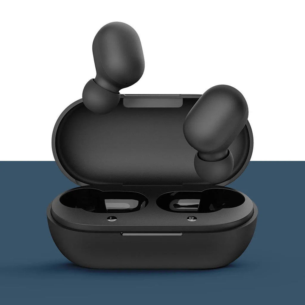 Black true wireless Bluetooth earbuds with stereo sound and Bluetooth 5.0 connectivity