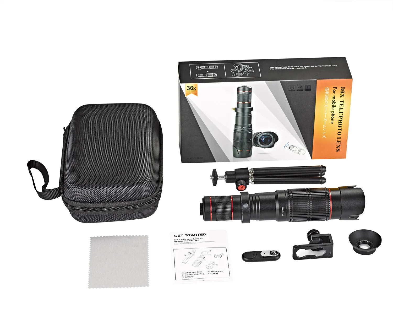 Black 36x telephoto telescope lens kit for mobile phones, packed in 22.5cm box.