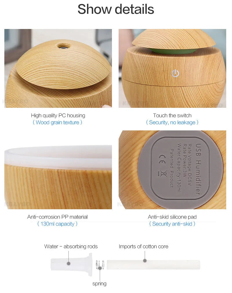 USB ultrasonic essential oil diffuser humidifier with 7 colour LED night light, light wood finish, 95x100mm