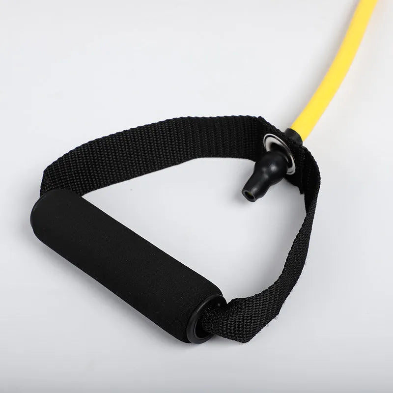 Five-colour latex pull up rope set with 120 cm hose, black 30lb, blue 25lb, green 20lb, red 15lb, yellow 10lb resistance bands
