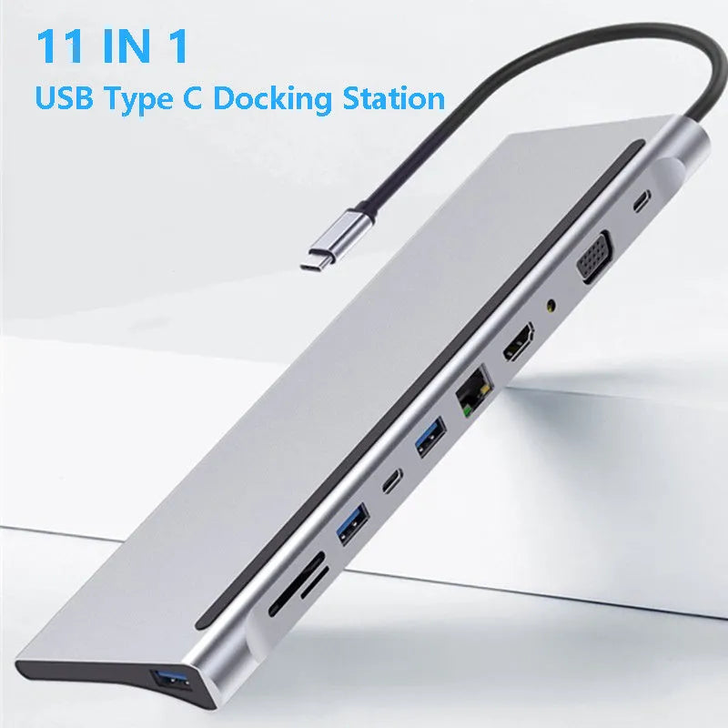 11-in-1 multifunctional laptop docking station with eleven USB 3.0 interfaces in Photo Color, no external power supply needed.