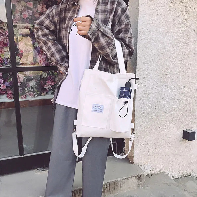 Canvas backpack for women students with pockets Harajuku style shoulder bag