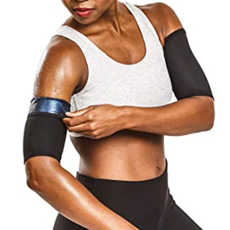 Adjustable neoprene sports armband with buckle, shown in blue, secured on an arm during exercise.