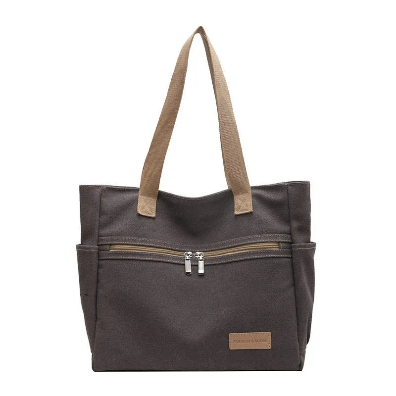 Canvas shoulder bag women's tote handbag in gray with contrast stitching and double shoulder straps