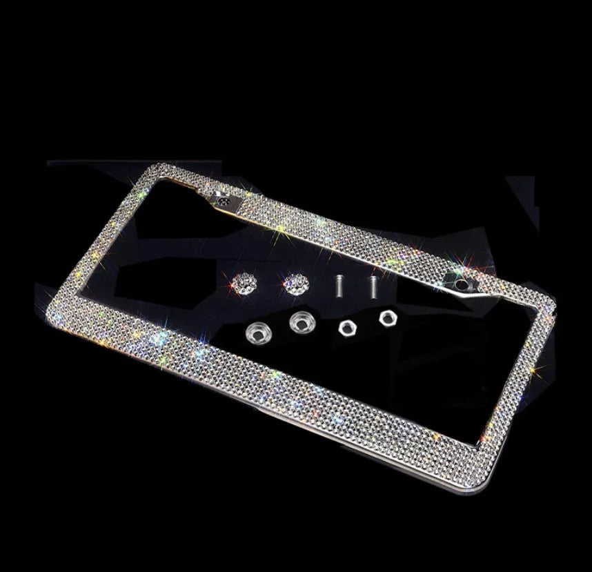 Bling Crystal stainless steel licence plate frame with diamond finish, 31x16cm, black or white, with anti-theft screw caps