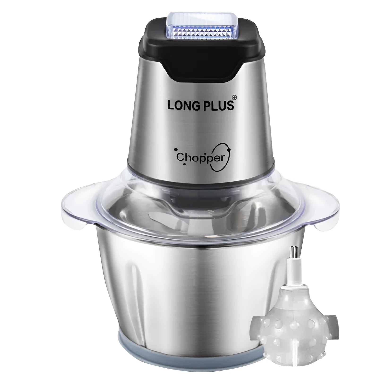 LONG PLUS white electric garlic peeler appliance on a kitchen countertop