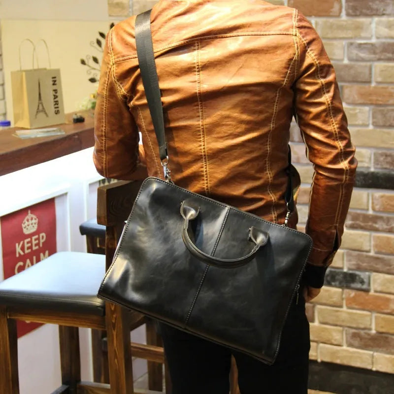 Men's leather-style business bag briefcase box shape zipper closure black coffee colour 38cm wide