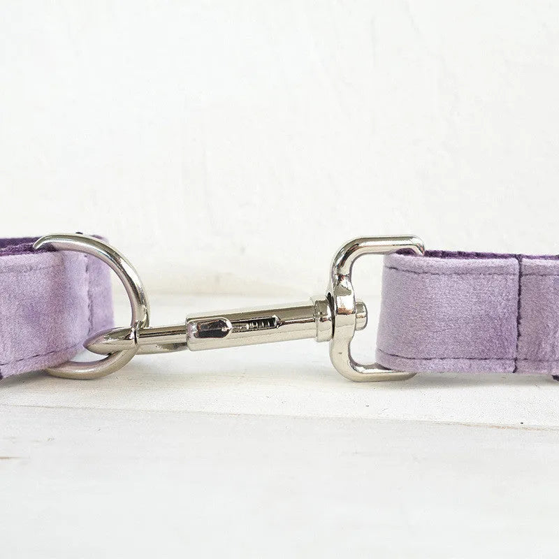 MUTTCO light purple thick velvet drawstring traction belt set for dogs with collar leash and tie on white background
