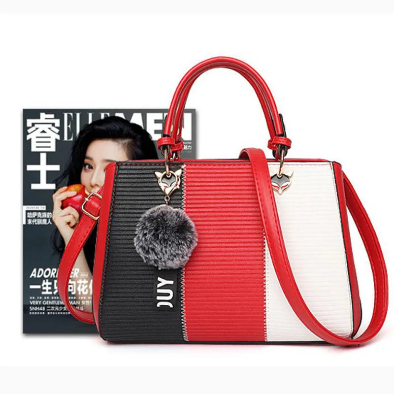 Women handbag made of PU leather with patchwork design and hairball ornaments in grey, pink, purple, and red colour options