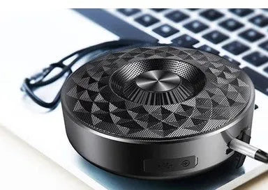 Black, orange, and silvery white mini portable Bluetooth speaker with microphone
