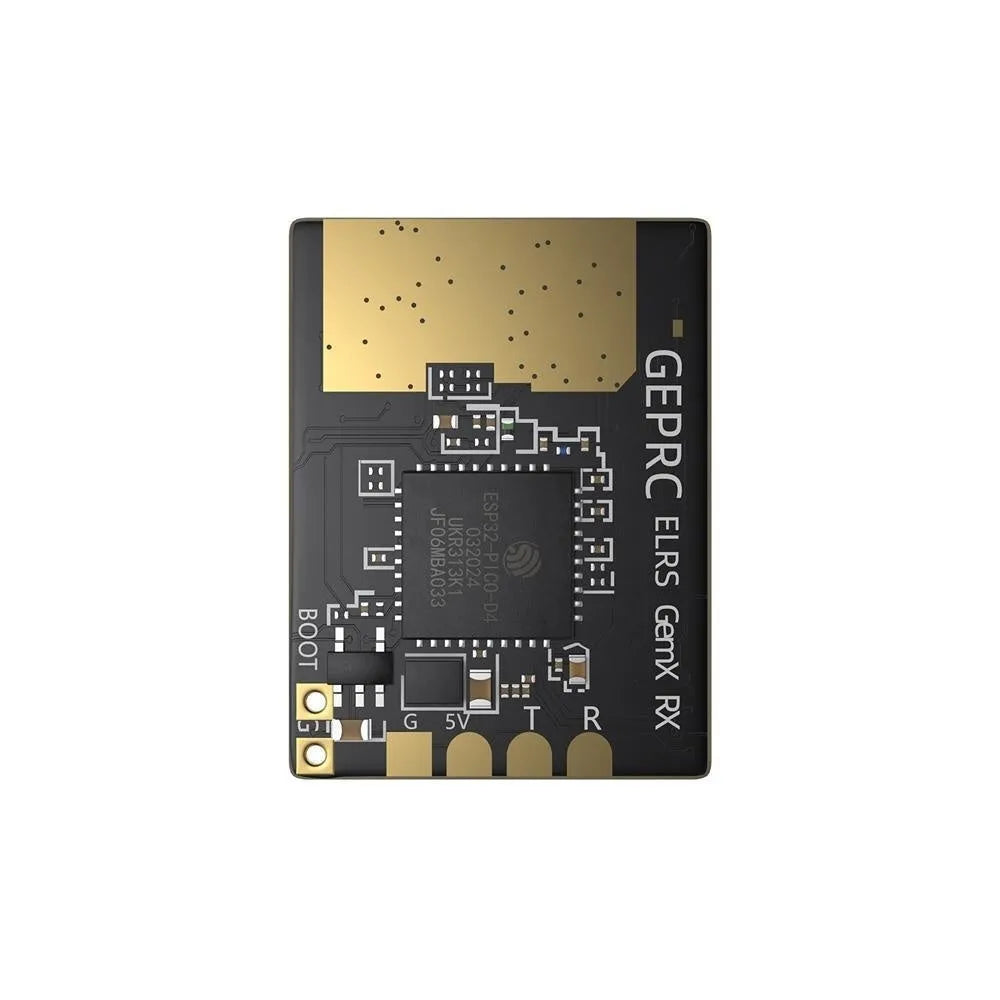 ELRS dual-frequency FPV drone receiver with metal case, two T-shaped antennas, heat shrink, and silicone wire.