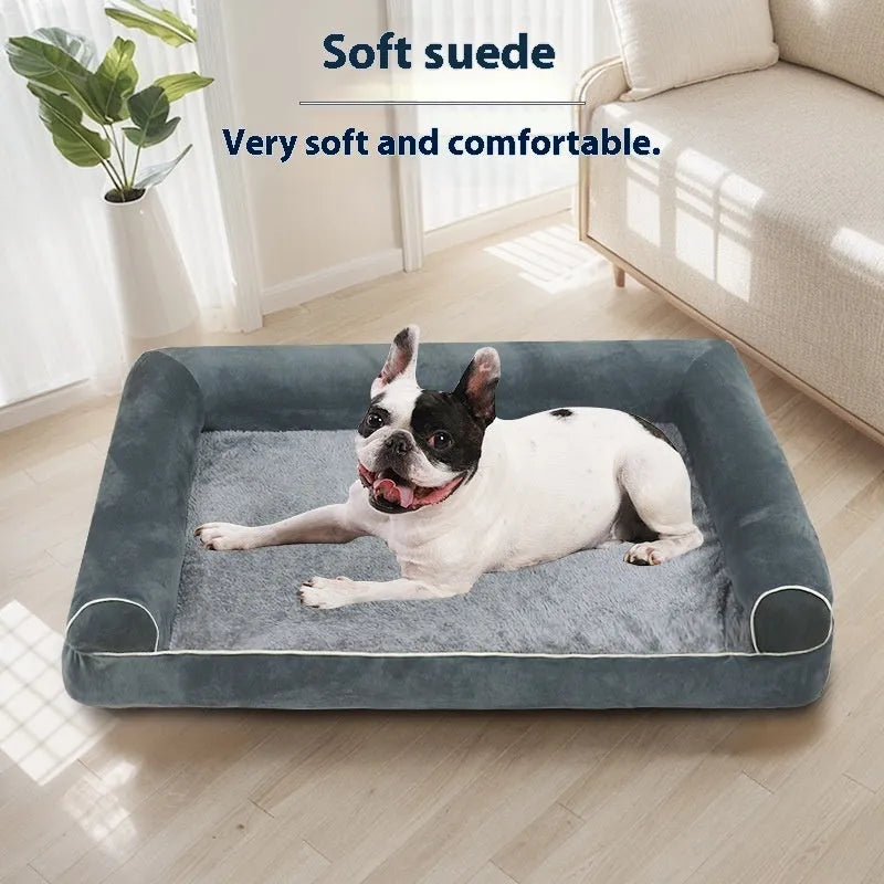 Square dark grey cloth dog bed with sponge core on a wooden floor, showing low-profile design and breathable fabric texture.