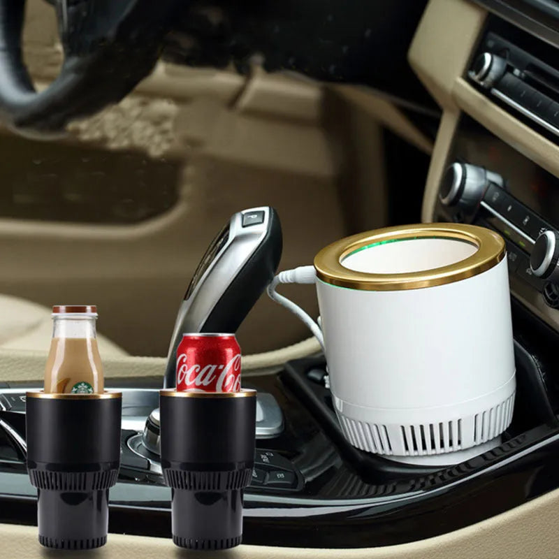 White aluminium car cup holder heater cooler with top ring buttons, resting in vehicle cup holder slot