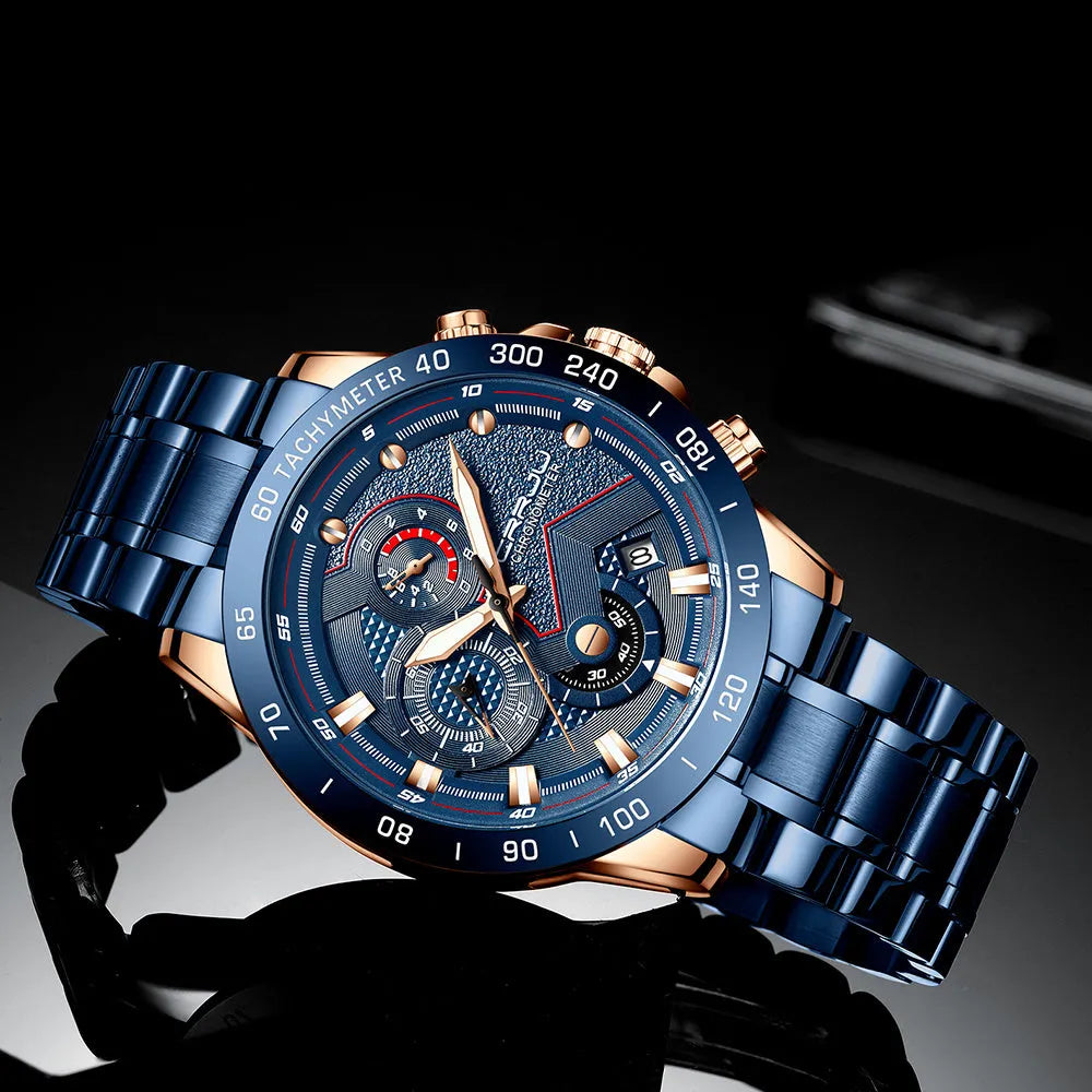 Multi-function six-needle chronograph watch with stainless steel strap and IP blue alloy case model 2280