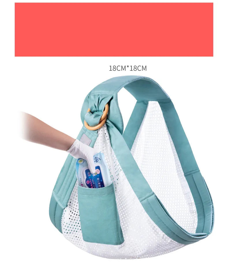 Adjustable baby wrap carrier sling in various colours, shown as a cotton or mesh infant carrier and nursing cover.
