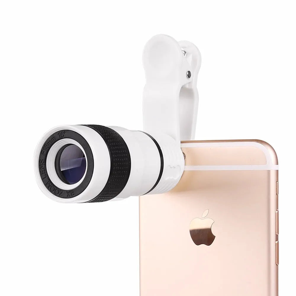 8x optical zoom telephoto lens attachment for mobile phones, shown in black, clip-on design