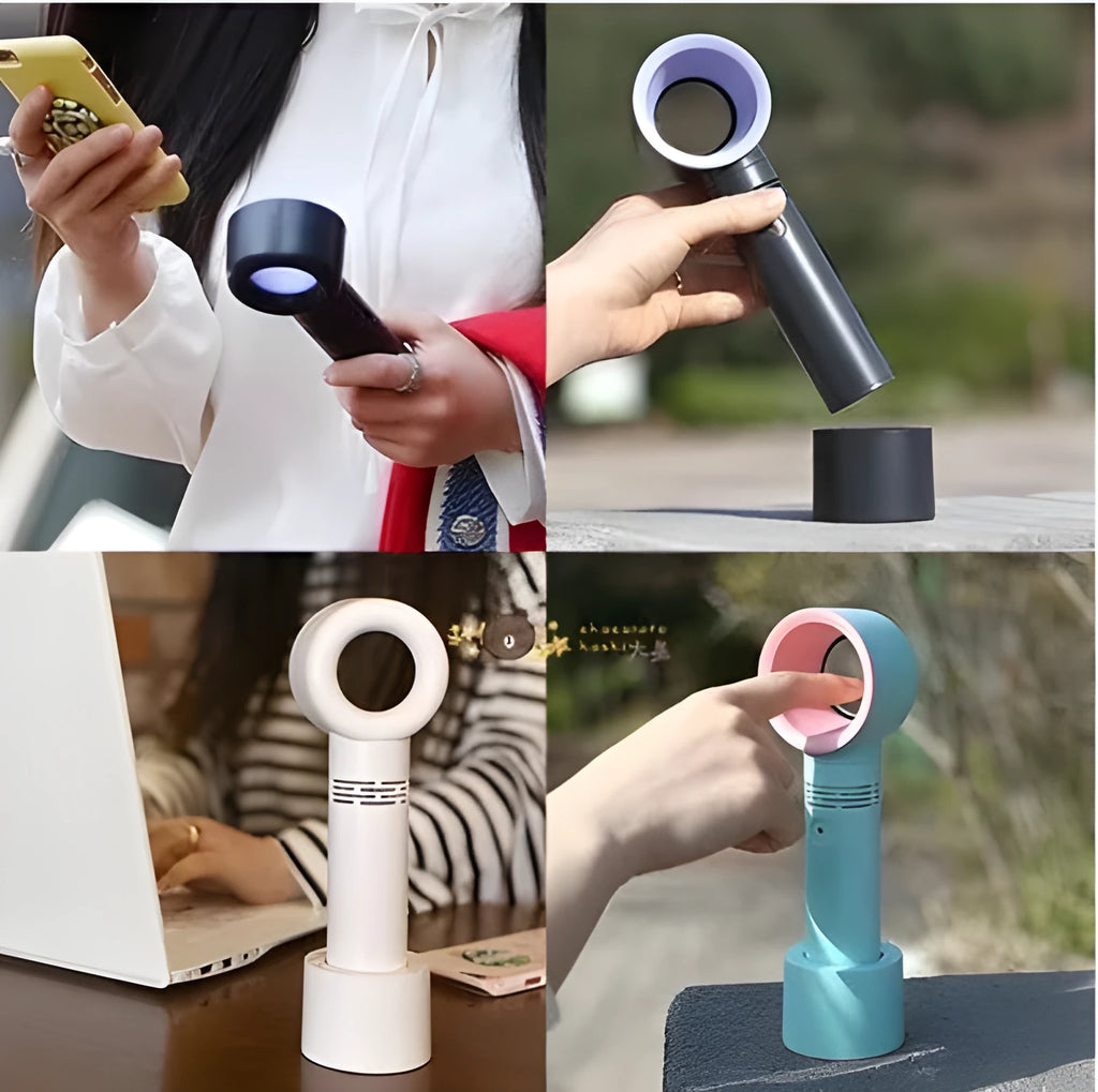 A compact portable bladeless fan with USB cable on a desk.