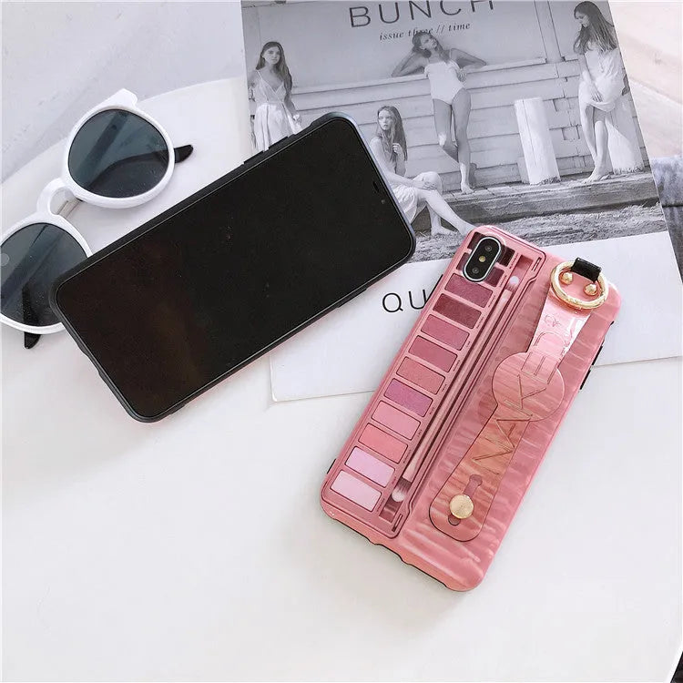 Rose red phone case compatible with iPhone 7/8 Plus with integrated eye shadow box and wristband