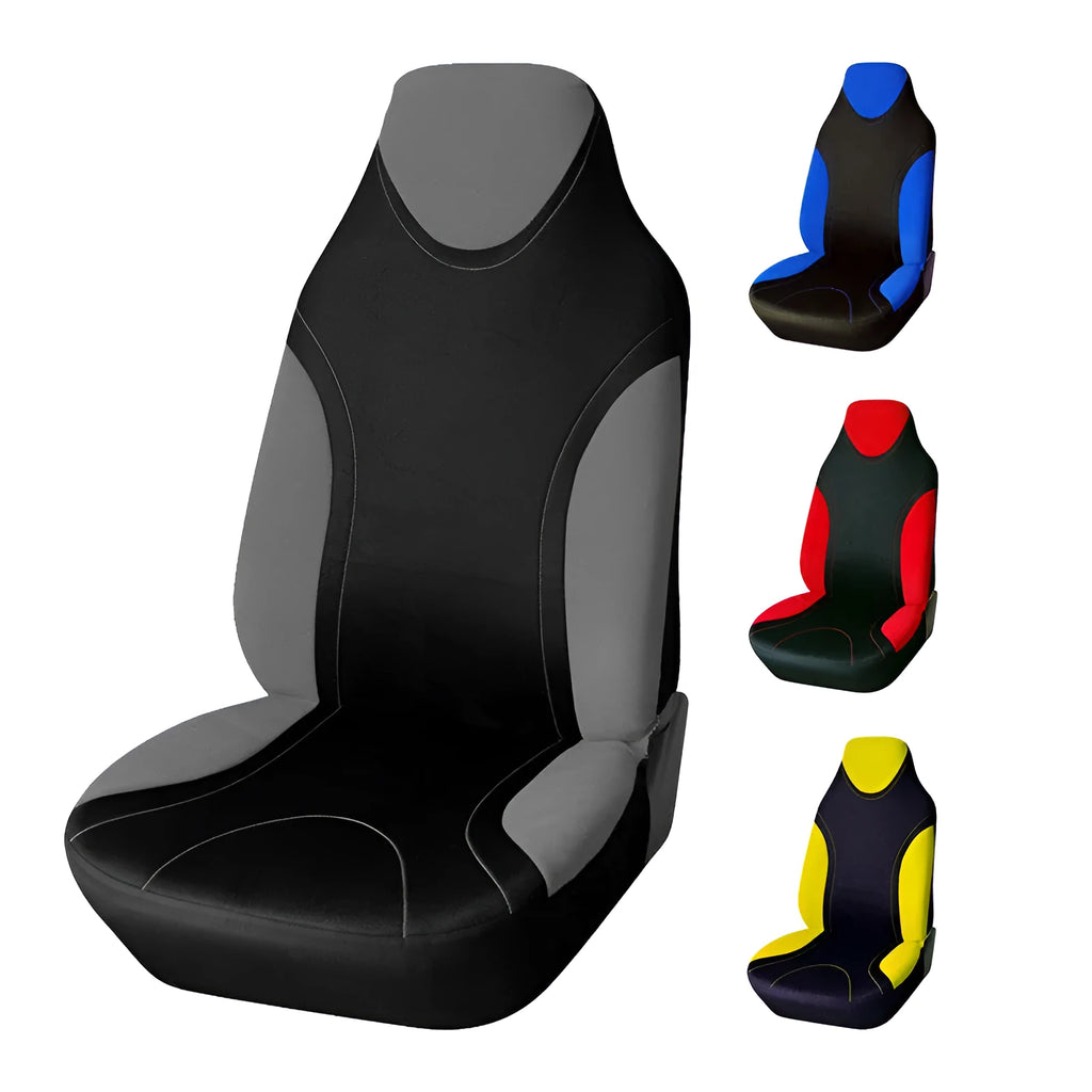 Universal car seat cover set in blue fabric for front seats, showing dirt-resistant surface with compact storage